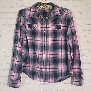 Wrangler Rancher Pink Plaid Pearl Snap Button Long Sleeve Top Shirt Womens Sz M